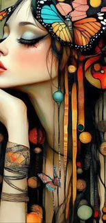Dreamlike artistic portrait with butterflies and vibrant patterns.