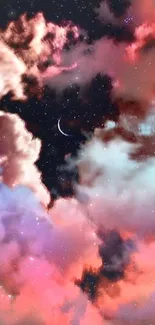 Colorful clouds in a dreamy night sky with crescent moon.