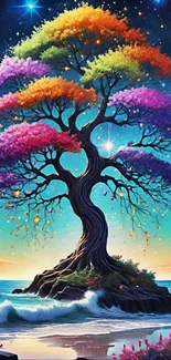 Vibrant tree against a starry night sky in a fantasy landscape.