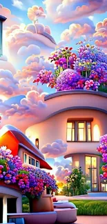 Colorful dream house with vibrant flowers and whimsical clouds.