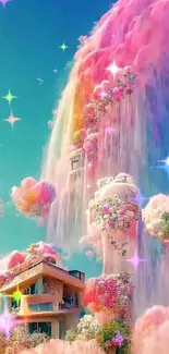 Dreamy pink waterfall scene with flowers.