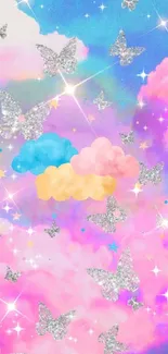 Dreamy pastel clouds and butterflies wallpaper with a starry sky.