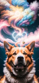 A dog with colorful, swirling cloud art on a midnight blue background.