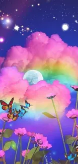 Vibrant wallpaper with pink clouds, butterflies, and flowers under a starry sky.