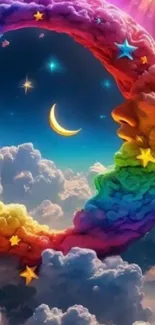 Rainbow crescent in starry night sky wallpaper.