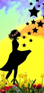 Colorful wallpaper featuring girl silhouette and stars.