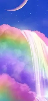 Dreamy rainbow waterfall with night sky and crescent moon.