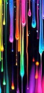 Vibrant drips of colorful paint on black background.