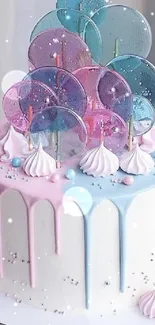 Pastel-colored drip cake with candy toppers on a white stand.