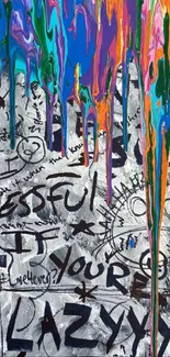 Colorful graffiti art with vibrant drips and bold lettering on wallpaper.