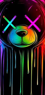 Colorful neon dripping bear art on a black background phone wallpaper.