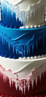 Three-tier cake with colorful drips on white.