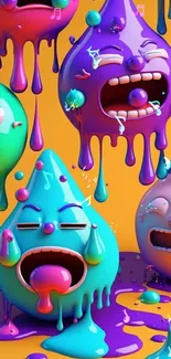 Colorful dripping cartoon faces with playful expressions on orange background.