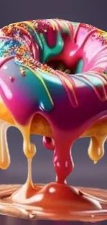 Colorful donut with dripping icing and sprinkles.