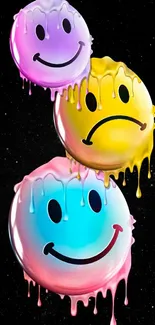 Colorful dripping emoticons on a dark background.