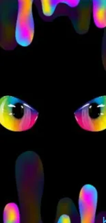 Rainbow dripping eyes on black wallpaper.