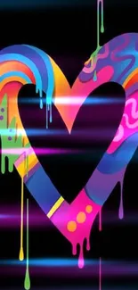 Colorful dripping heart on black background mobile wallpaper.