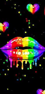 Vibrant rainbow lips with dripping paint on black.