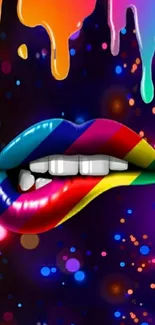 Colorful rainbow lips with dripping paint on dark background.