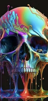 Colorful dripping skull on dark background.