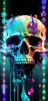 Colorful skull art with dripping paint in vibrant blue, orange, and purple hues.