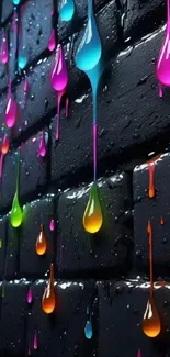 Colorful paint droplets on a dark brick wall, creating an artistic mobile wallpaper.