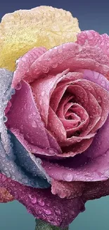 Multicolored rose with water droplets on petals in a close-up view.