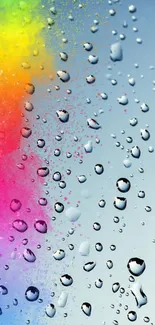 Vibrant phone wallpaper with colorful water droplets on a light blue background.