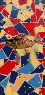 Duck on a colorful mosaic pattern wallpaper with red as the dominant color.