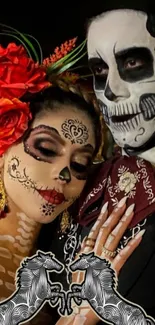 Intricate Día de los Muertos skull makeup with vibrant colors on mobile wallpaper.