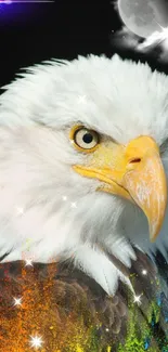 Majestic eagle with colorful feathers under a moonlit sky.