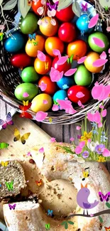 Colorful Easter eggs in basket with floral design.