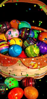 Basket of colorful Easter eggs on black background.