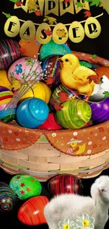 Easter basket with colorful eggs, chick, and lamb.