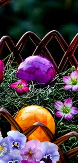 Colorful Easter basket with eggs and flowers, vibrant and festive design.