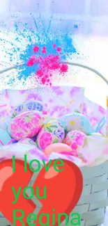 Colorful Easter basket with eggs and paint splash on mobile wallpaper.