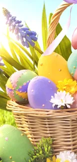 Colorful Easter eggs in a wicker basket with flowers.