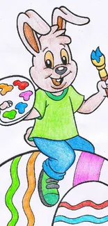 Cartoon bunny painting Easter eggs in a colorful style.