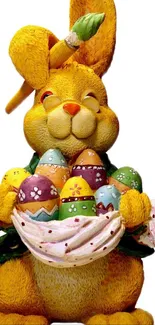 Easter bunny holding colorful decorated eggs.