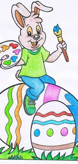 Cheerful bunny painting colorful Easter eggs.