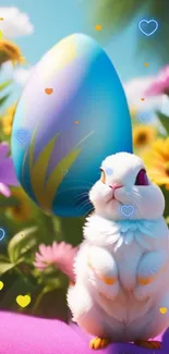 A cute white bunny with a colorful Easter egg amidst blooming flowers.