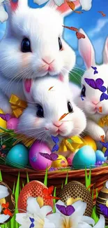 Bunnies with colorful Easter eggs in a vibrant outdoor setting.