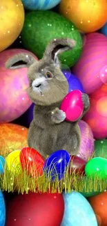 Easter themed wallpaper with a bunny holding a pink egg amidst colorful Easter eggs.