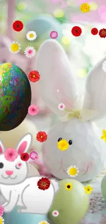 Festive Easter wallpaper with a bunny and colorful eggs.