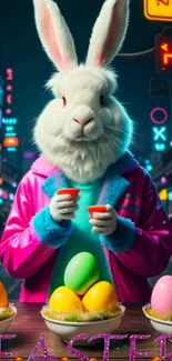 Easter bunny in neon city with colorful eggs.