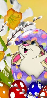 Vibrant Easter bunny with eggs and flowers on yellow background.