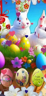 Easter bunnies with colorful eggs and flowers in a vibrant spring scene.