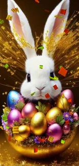 A festive bunny with colorful eggs and golden sparkles for Easter wallpaper.