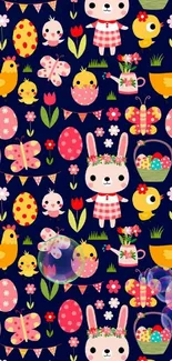 Cute Easter bunny and eggs on colorful, festive wallpaper.