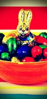 Colorful Easter candy in a bowl with a bunny centerpiece.